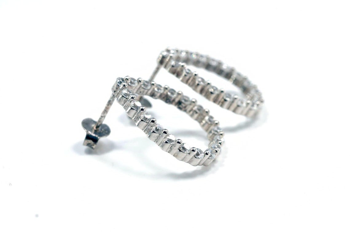 Handmade Genuine Natural Zircon Silver Earring,Zircon Earring Jewelry,Rose Silver Band Zircon Earring,Crystal Cut Earring,Stud Earring