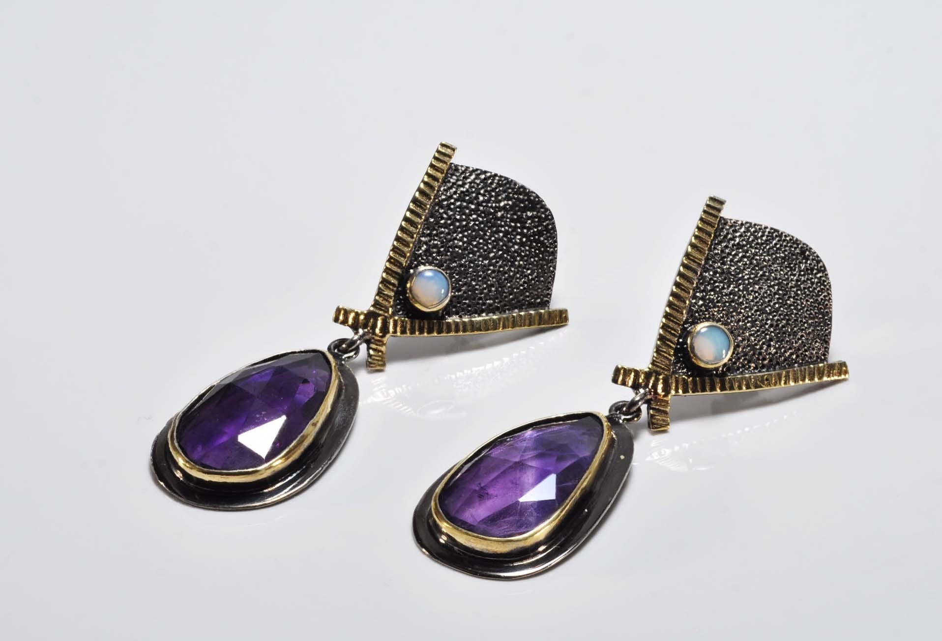 Handmade Genuine Natural Amethyst and Aquamarinee Silver Earring,Amethyst and Aquamarine Earring Jewelry,Handcrafted Earring Gift for Her