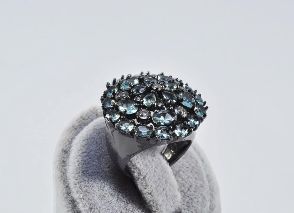 Handmade Aquamarine and Zircon Black Silver Ring:March & December Birthstone