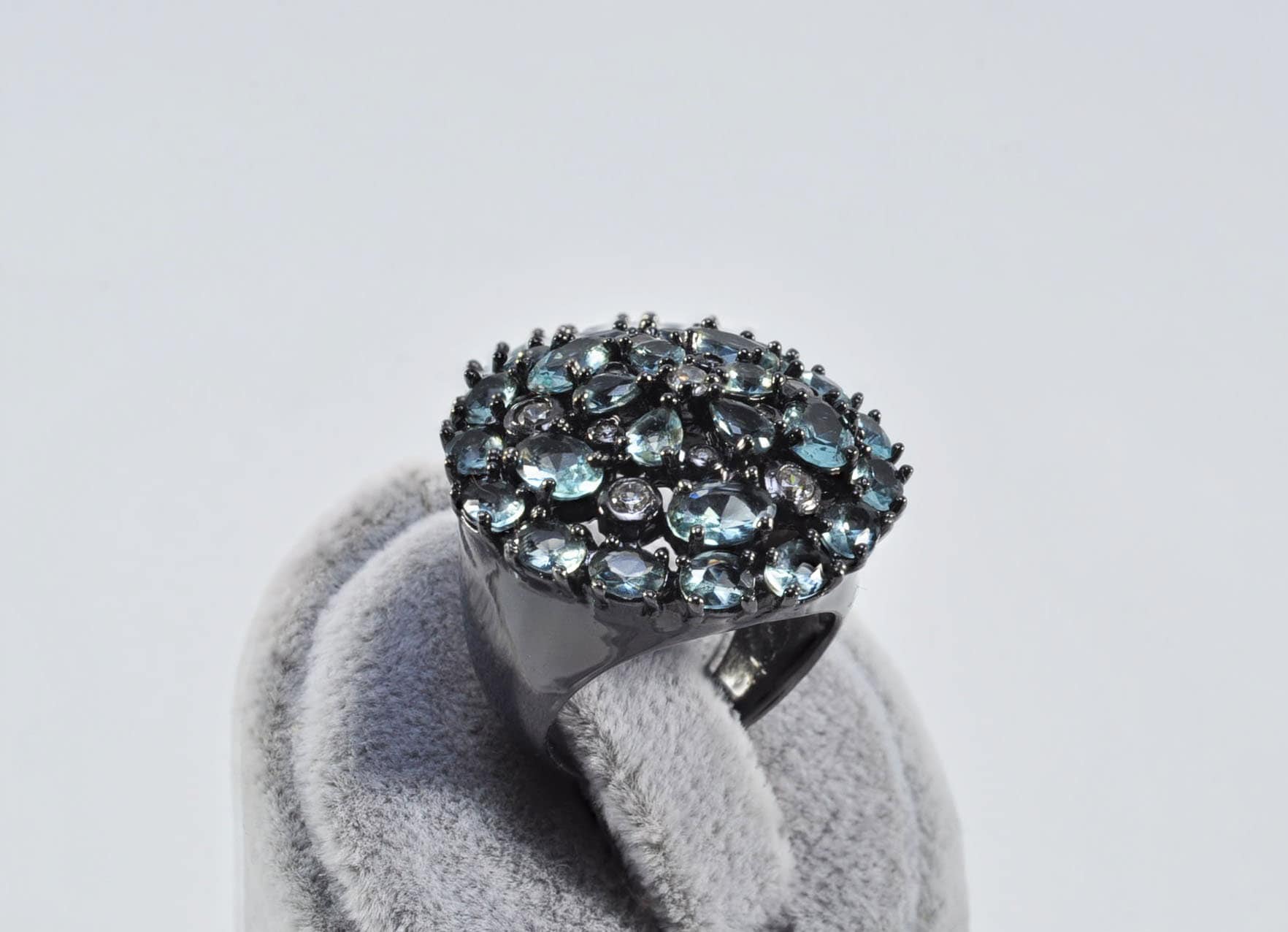 Handmade Aquamarine and Zircon Black Silver Ring:March & December Birthstone