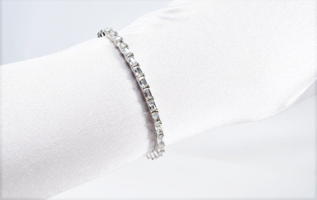 Handmade Baguette Zircon 925 Sterling Silver Bracelet, Wedding Jewelry
