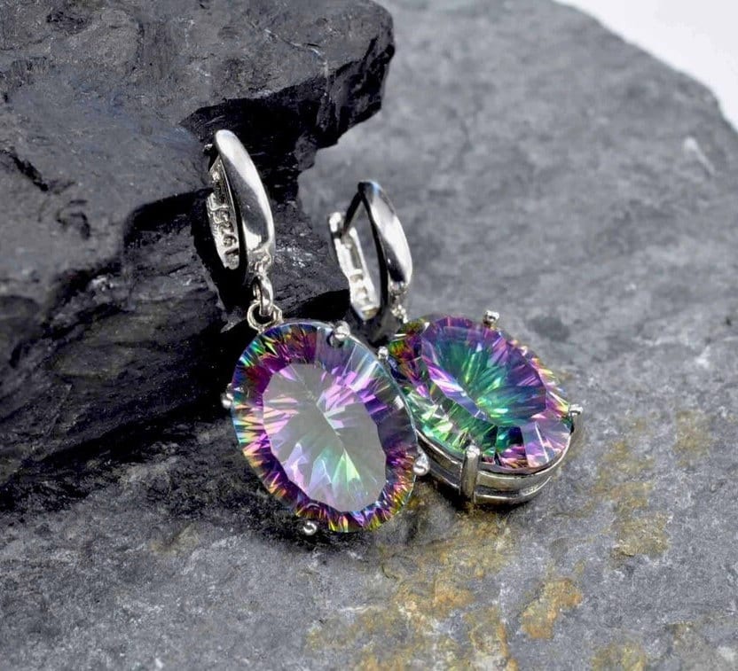 Handmade Genuine Mystic Topaz Silver Earring,Mystic Topaz Earring,Dangle Drop Earring,Handcrafted Mystic Topaz Earrining Gift for Her