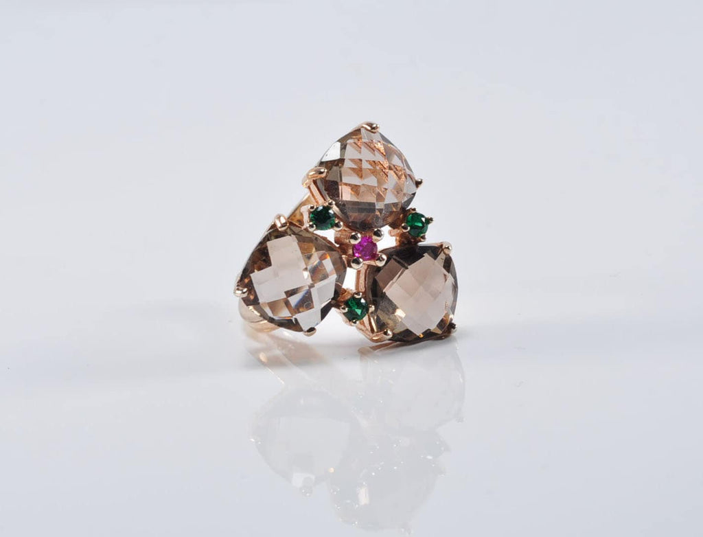 Handmade Smoky Quartz, Emerald & Ruby Silver Ring - Rose Band