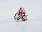 Handmade Smoky Quartz, Emerald & Ruby Silver Ring - Rose Band