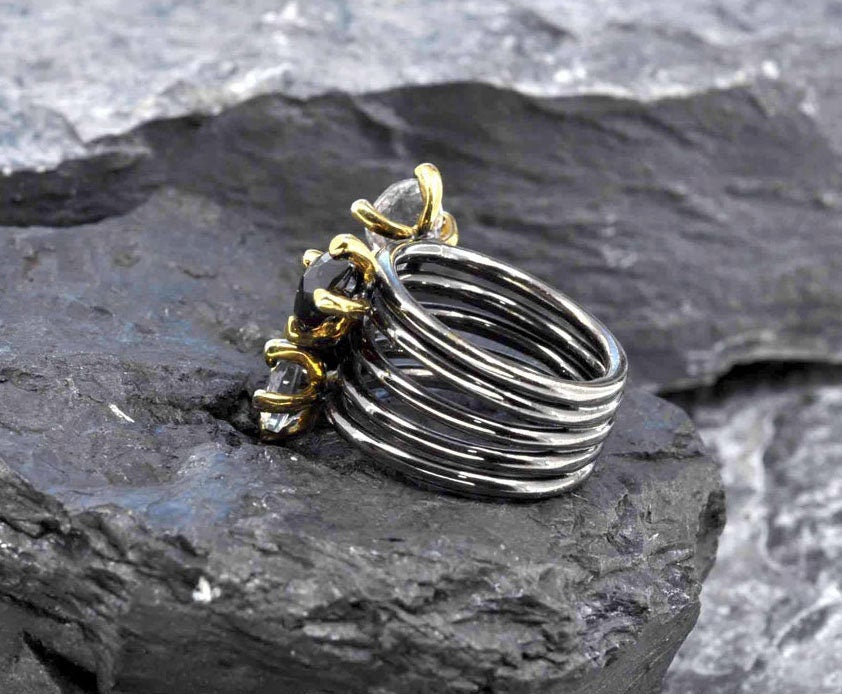 Handmade Genuine Onyx and Quartz Silver Ring,Onyx and Quartz Jewelry , Onyx Quartz Gemstone Ring, Handcrafted Onyx Ring Gift for Her
