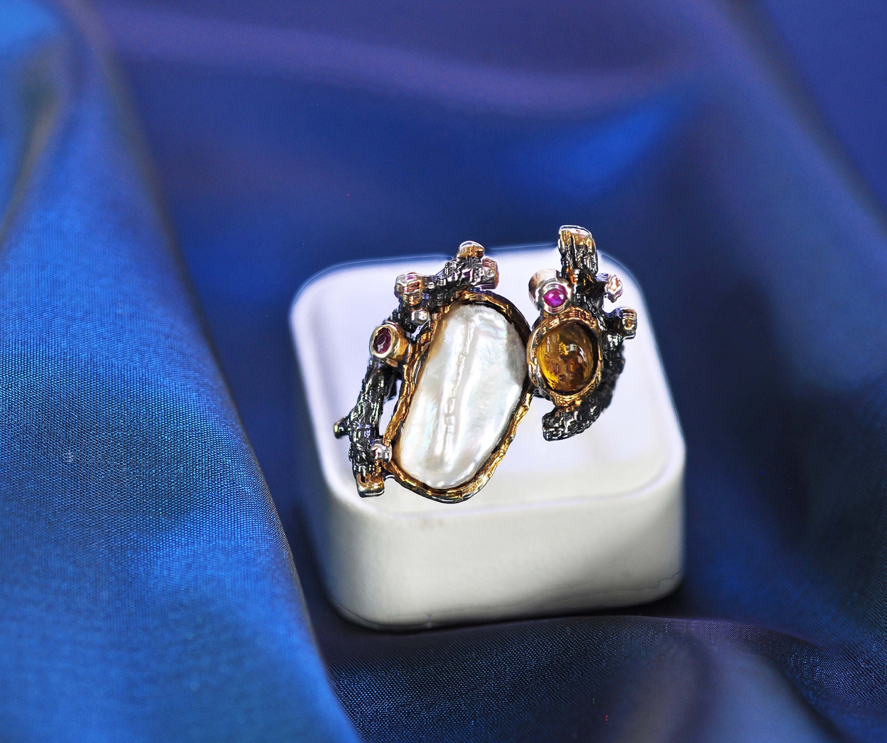 Handmade Genuine Pearl Amber Ruby Silver Ring Jewelry ,Pearl Amber Ruby Gemstone Ring,Multistone Ring Jewelry Gift for her