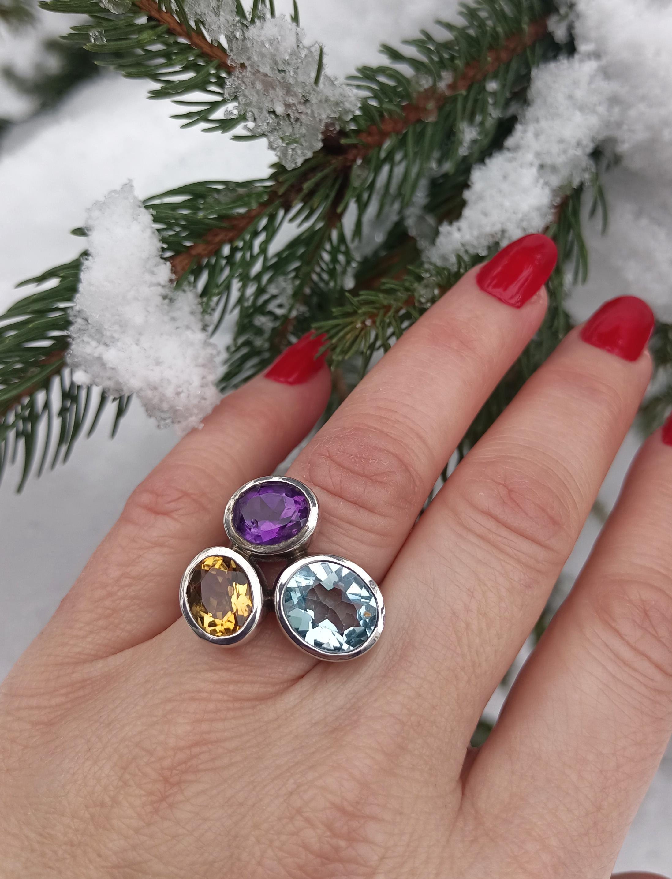 Handmade Aquamarine Amethyst Citrine Sterling Silver Ring, 925 Band Gemstone Ring