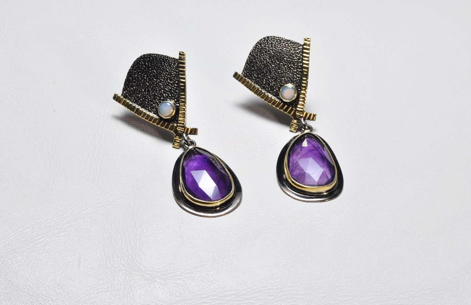 Handmade Genuine Natural Amethyst and Aquamarinee Silver Earring,Amethyst and Aquamarine Earring Jewelry,Handcrafted Earring Gift for Her