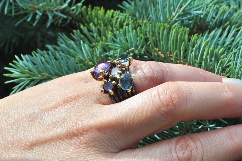 Elegant Aquamarine and Amethyst Sterling Silver Ring, Handmade Jewelry Gift for Her