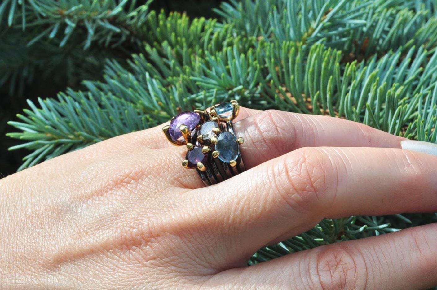 Elegant Aquamarine and Amethyst Sterling Silver Ring, Handmade Jewelry Gift for Her