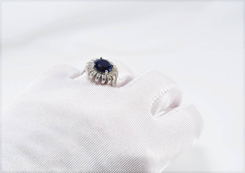 Elegant Sapphire and Zircon Halo Ring – Handcrafted Sterling Silver