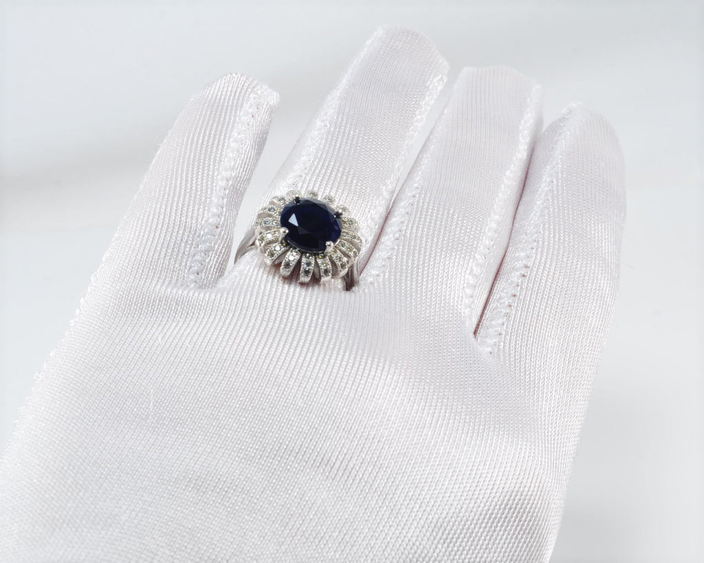Elegant Sapphire and Zircon Halo Ring – Handcrafted Sterling Silver