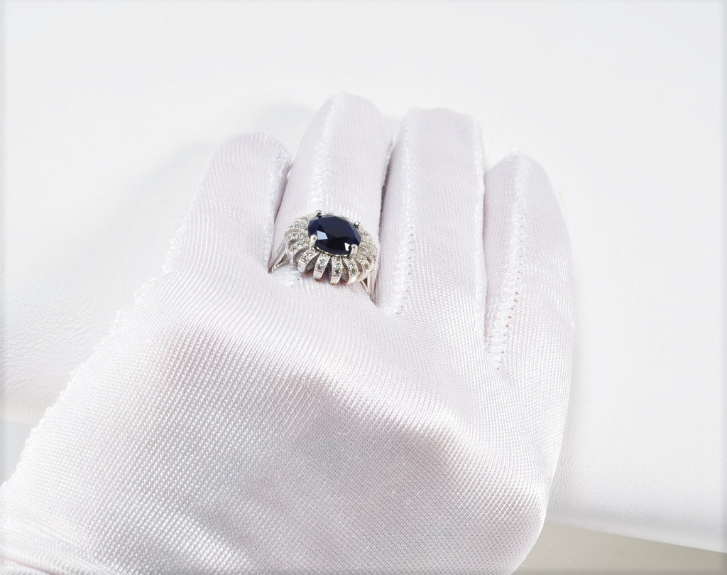 Elegant Sapphire and Zircon Halo Ring – Handcrafted Sterling Silver